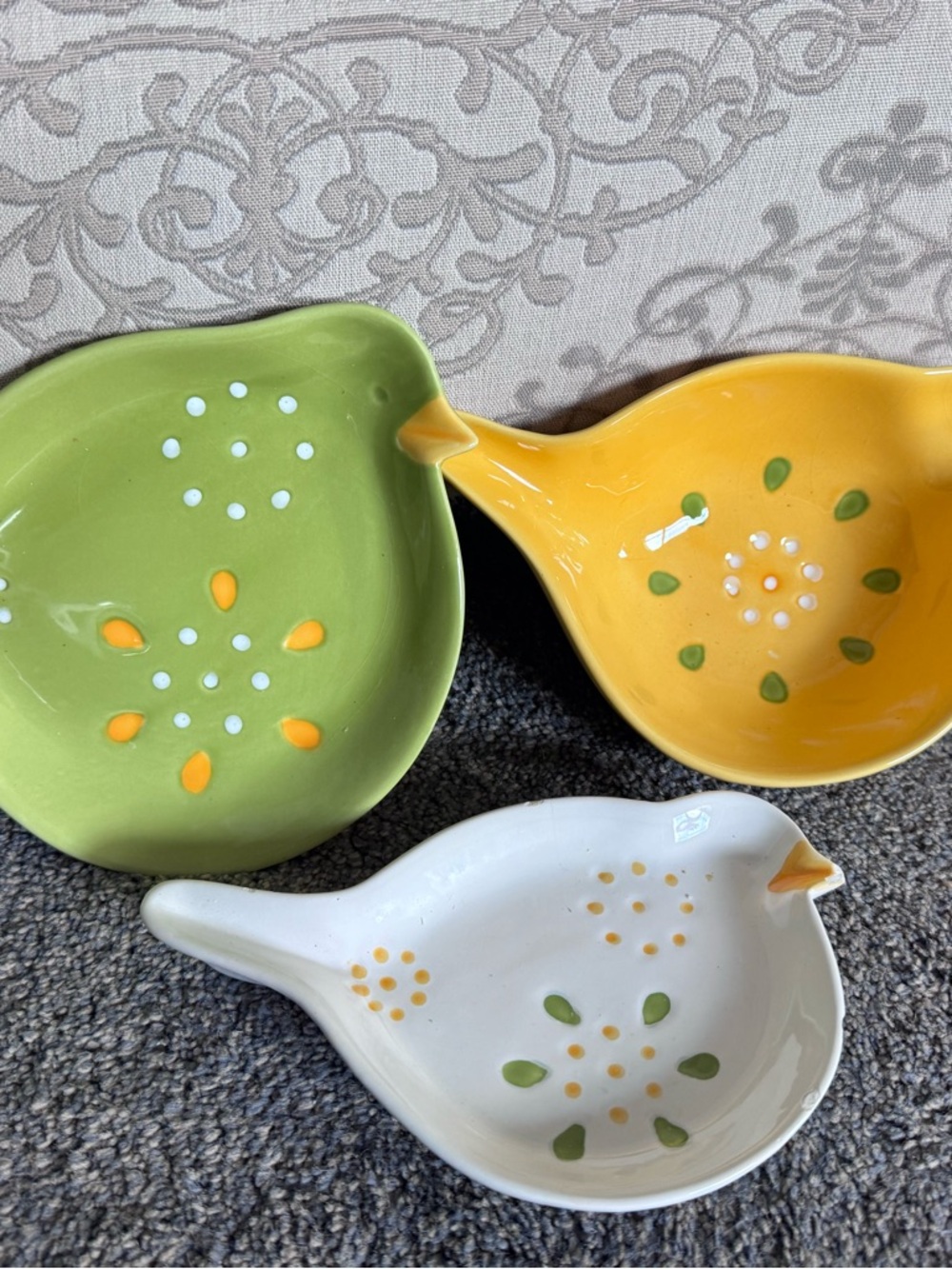 Handcrafted Ceramic Bird Dish - Set of 3 (Green, Yellow, White)